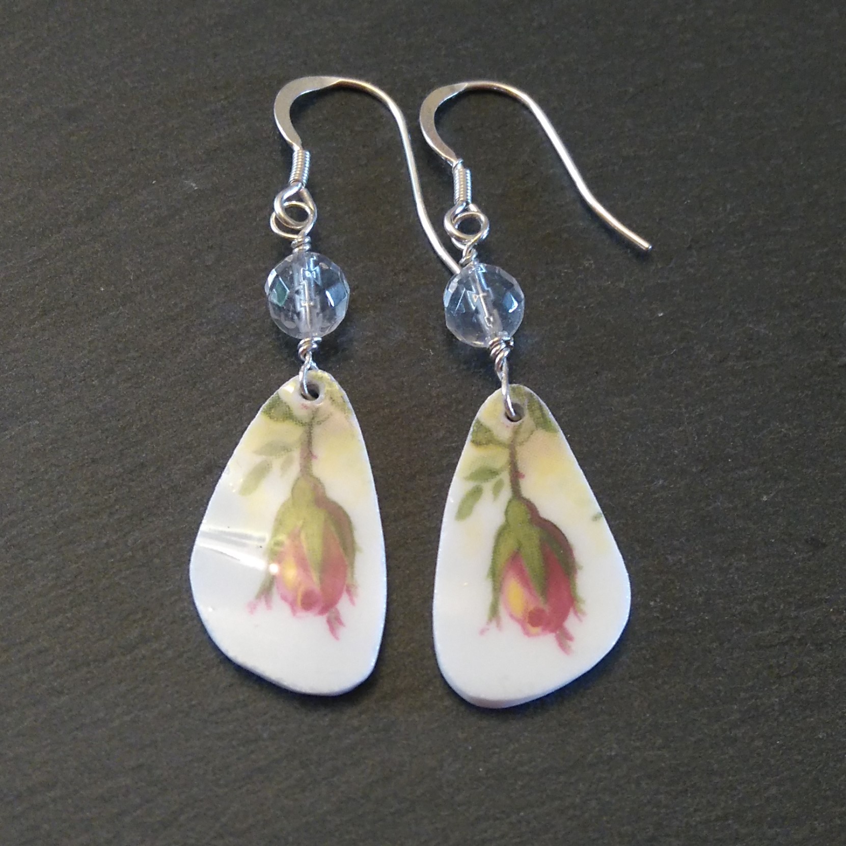 Old Country Roses - Rosebud Drop Earrings with Faceted Quartz